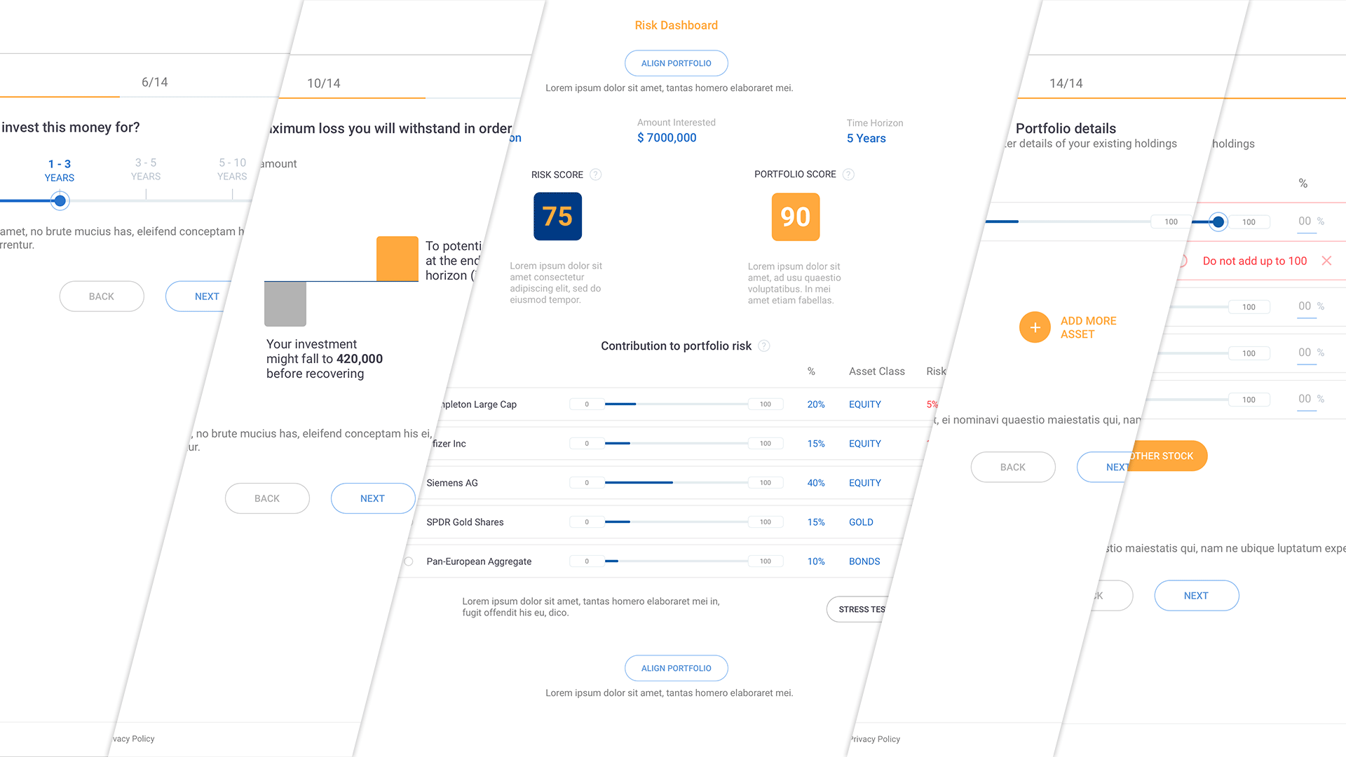 Risk Score Process multi-step flow interface showing sliders and validation for risk answers and existing holdings