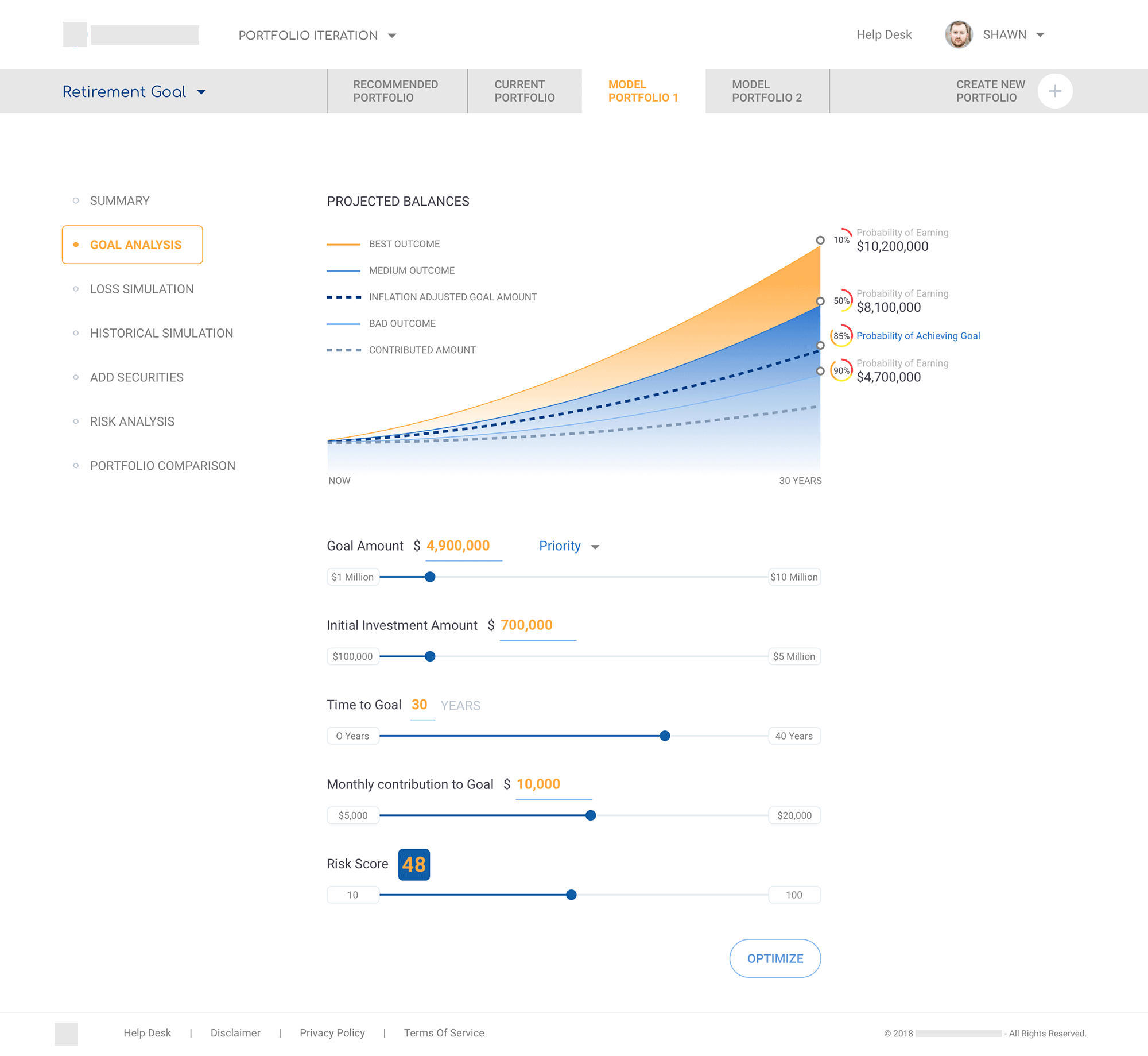 Goal Analysis projected balances graph with controls for goal amount, time to goal, contributions, and risk score