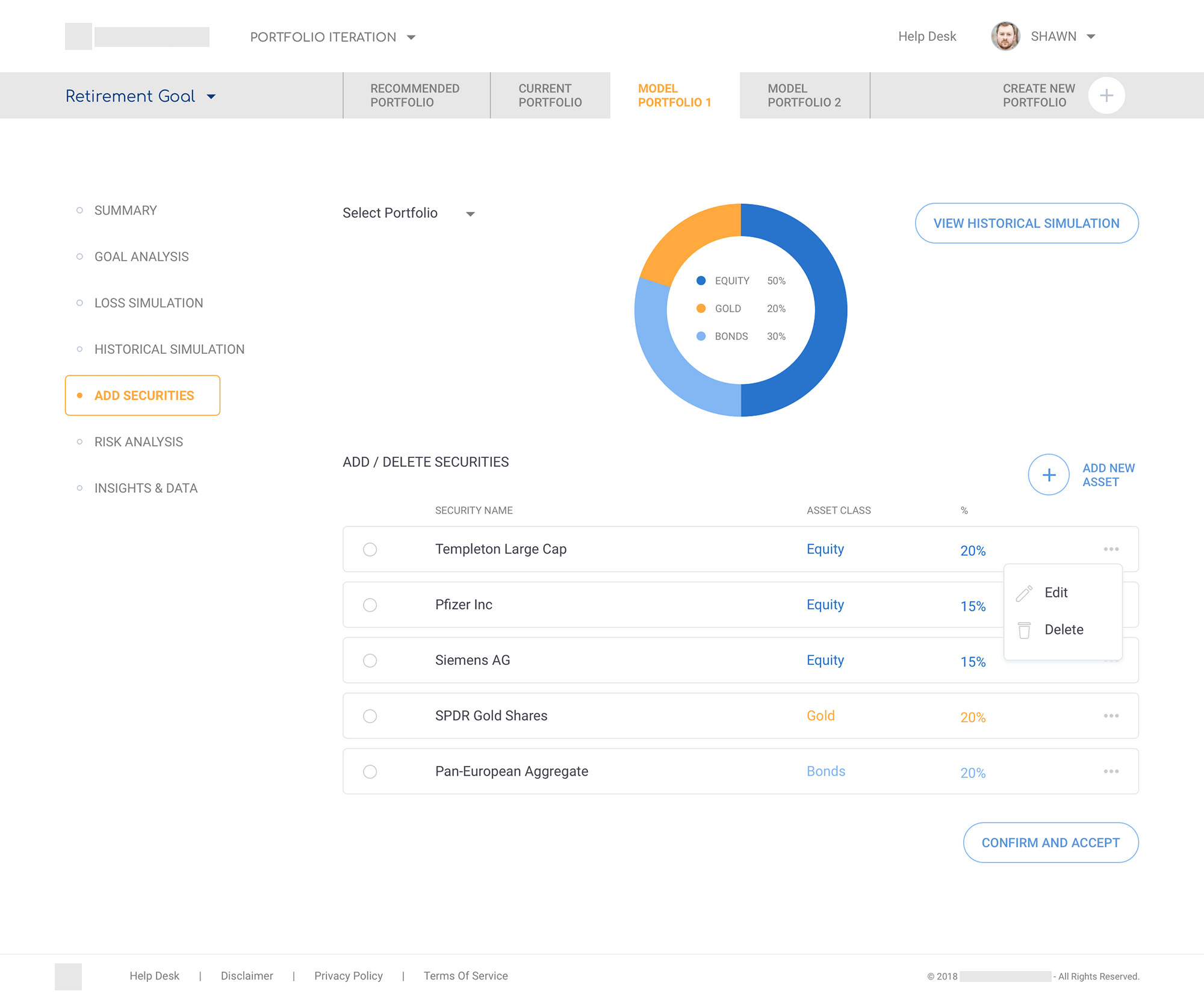 Add Securities donut chart summarising allocation above an editable table of securities with contextual menus