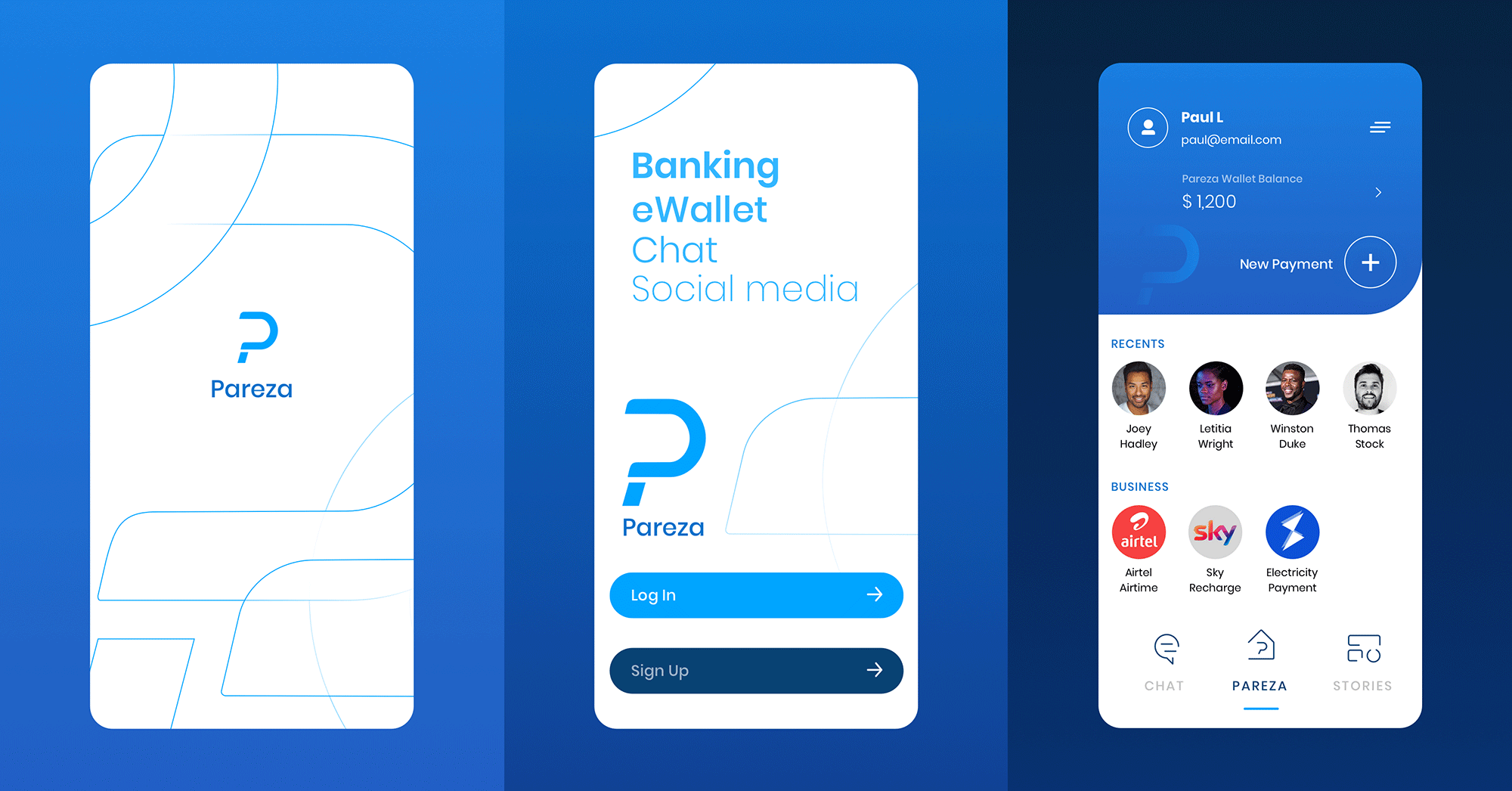 Launch & auth screens showing splash and login interface for wallet and chat app