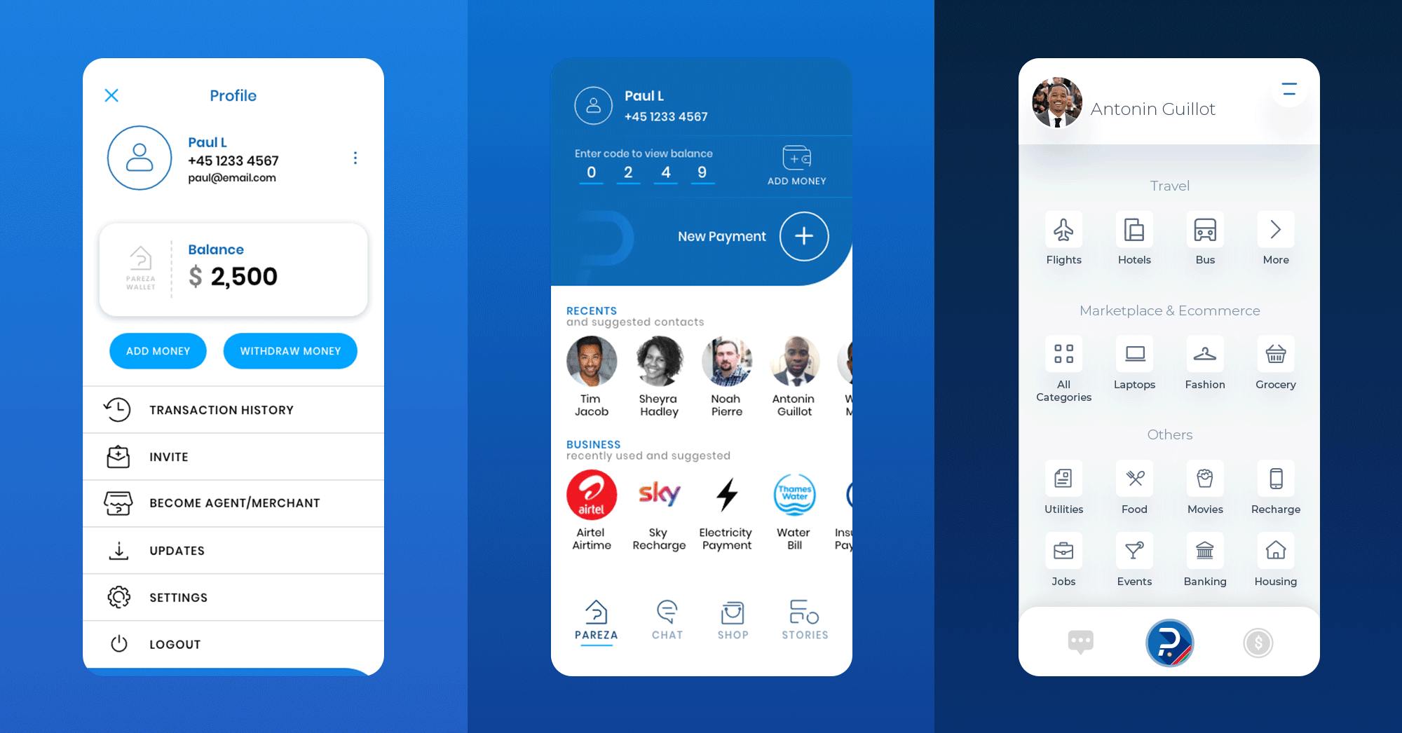 Wallet home interface showing balance panel, New Payment CTA, recents, and suggested business billers